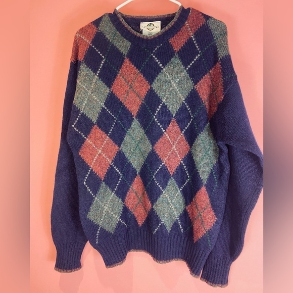 Woodward Collection Argyle Knitted Wool Sweater Outdoors Made In Ireland Vintage - Picture 1 of 8